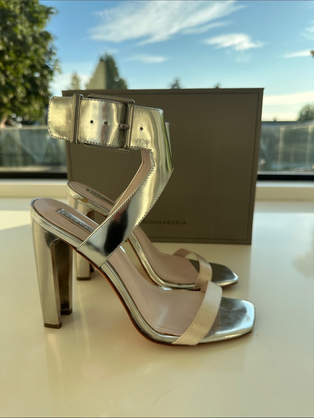 BCBGMaxAzria Silver Metallic Ankle-Strap Block Heels